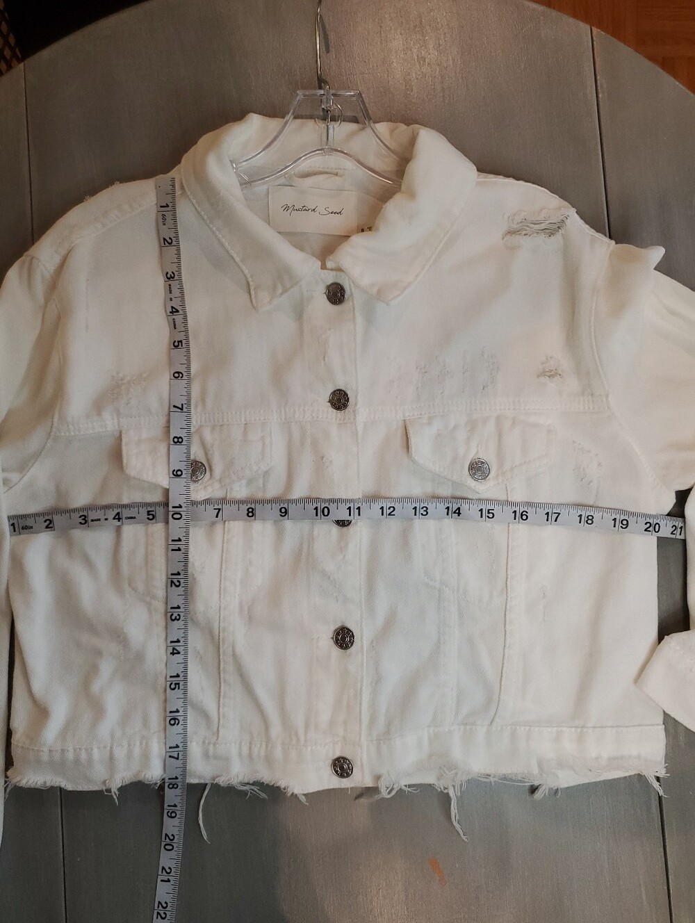 Mustard Seed Cropped White Distressed Denim Jacket Long Sleeve Size Small - Picture 6 of 6